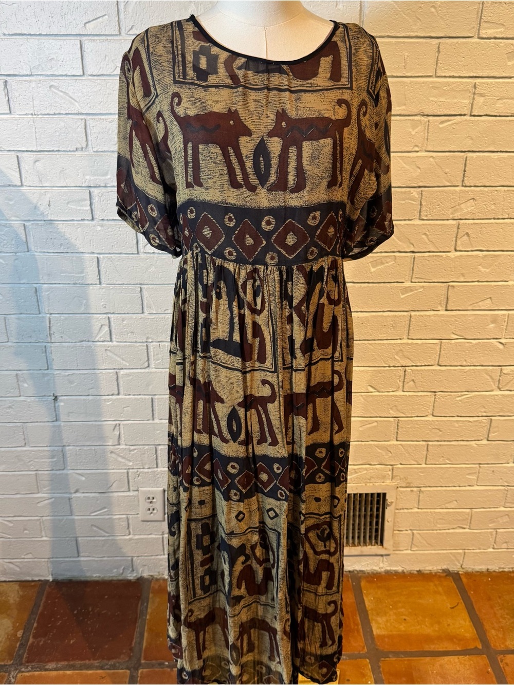 Vintage 90s Bila Brown Black Printed Short Sleeve Maxi Dress Womens M